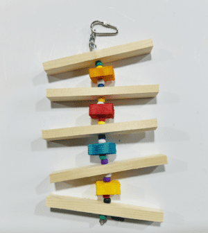 Colorful wooden bird toy with beads.